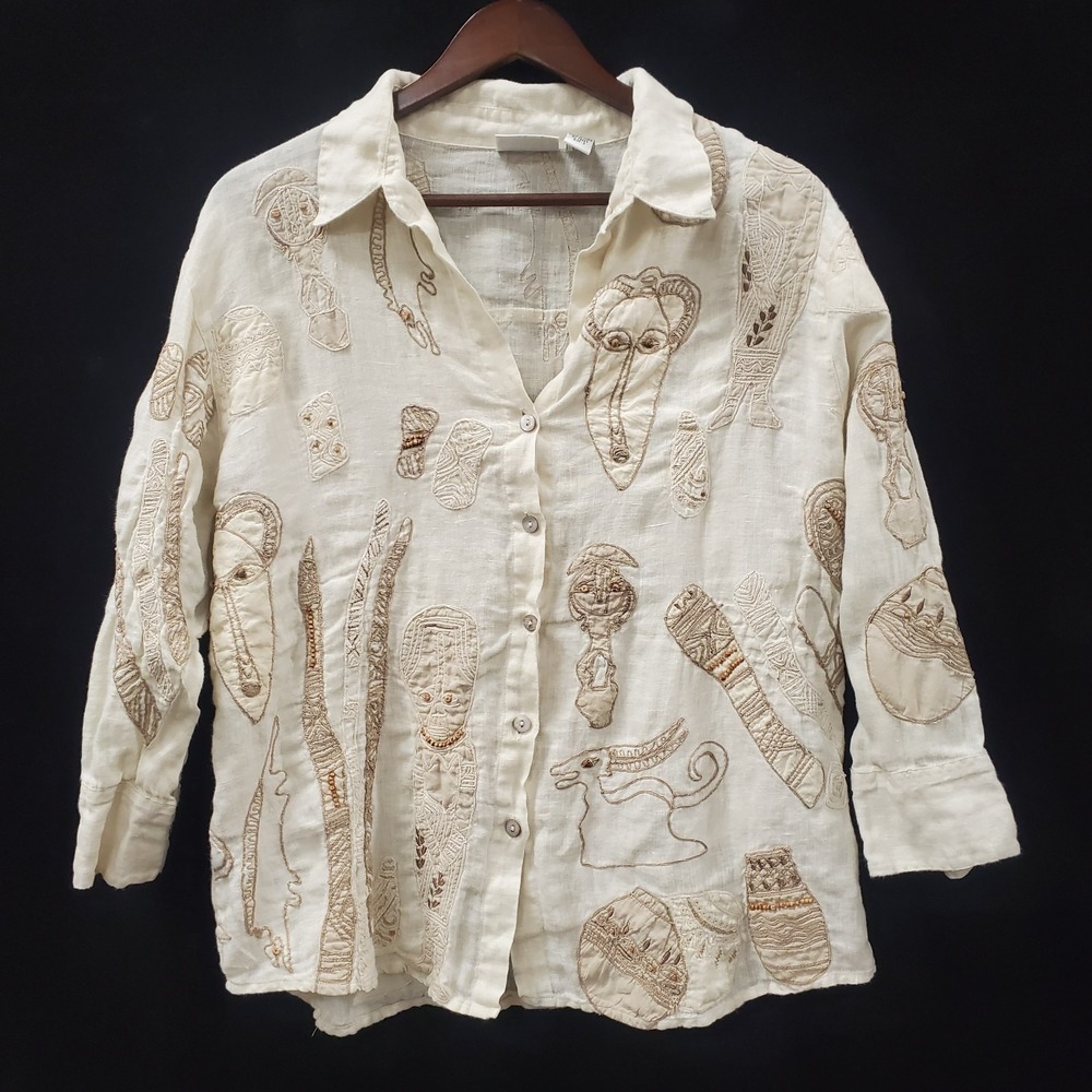 Chicos Linen Embroidered Safari Shirt Size 3 Artsy XL US 3/4 Sleeve Button Up